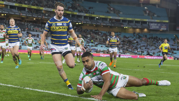 Try time for South Sydney's Robert Jennings, one of four for the night against the Eels at ANZ Stadium.