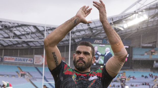 Grateful: Greg Inglis applauds the Rabbitohs fans after their upset win over the Dragons.