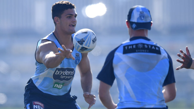 In his beloved Blues: Nathan Cleary gets into the groove at Origin training.