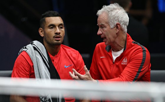 Mentor: McEnroe imparts a few pearls of wisdom to Kyrgios during the Laver Cup.