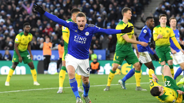 Jamie Vardy reacts after scoring for Leicester at The King Power Stadium.
