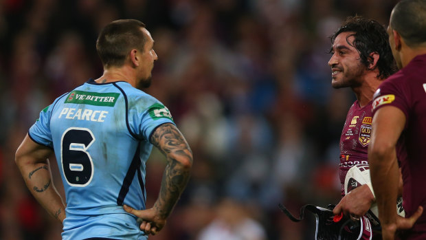Johnathan Thurston and Mitchell Pearce have words on that famous Origin night in 2015.