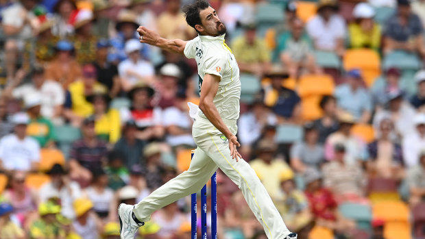 Mitchell Starc lets one rip at the Gabba.