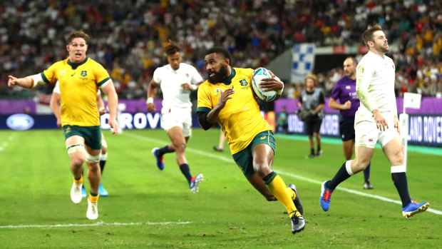 Stymied comeback: Marika Koroibete pegs one back for the Wallabies.