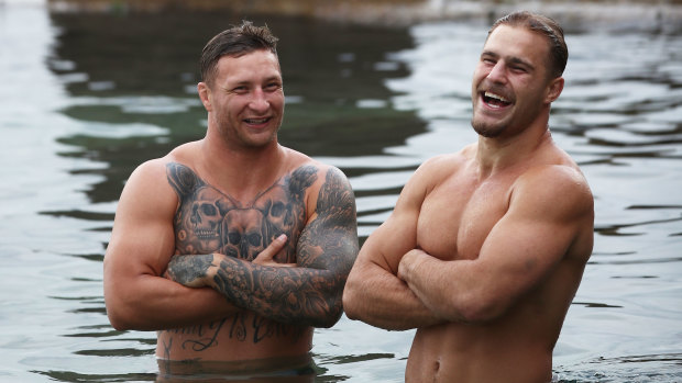 Tariq Sims and Jack de Belin during a Blues recovery session at Coogee Beach in 2018.