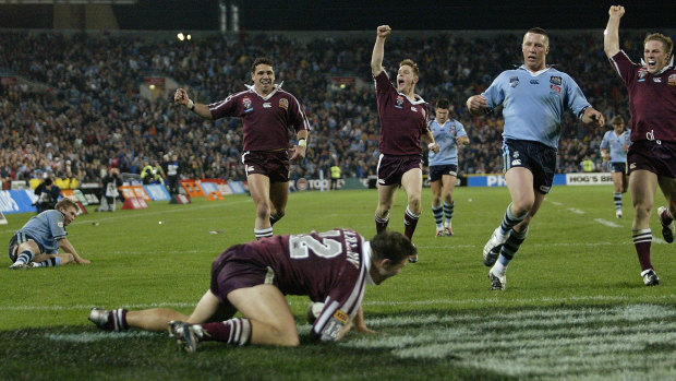 Dane Carlaw’s last-gasp try broke Blues hearts in 2002.