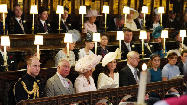 The Duke of Cambridge, the Prince of Wales, the Duchess of Cornwall, the Duchess of Cambridge, the Duke of York, Princess Beatrice, Princess Eugenie sitting in St George's Chapel at Windsor Castle.