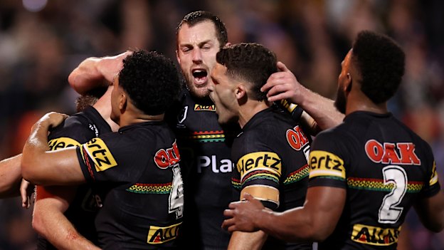 Yeo and the Panthers celebrate another try in their stunning first half against the Roosters.