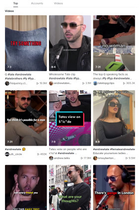 A screenshot of the search results for ‘Andrew Tate’ on TikTok.