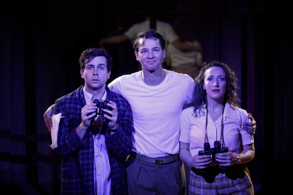 Ainsley Melham, Andrew Coshan and Elise McCann in Merrily We Roll Along.