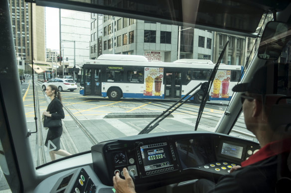 The tram driver's view during the morning peak on Monday. 