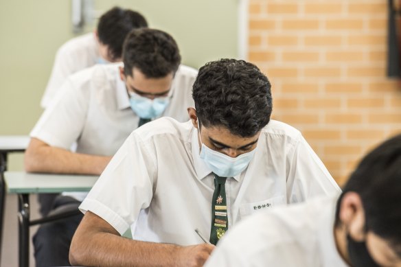 Epping Boys High School HSC students complete their first English exam.