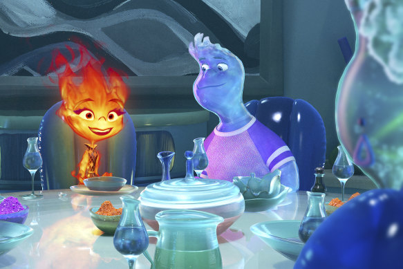 Ember (left) voiced by Leah Lewis and Wade, voiced by Mamoudou Athie in a scene from “Elemental.”