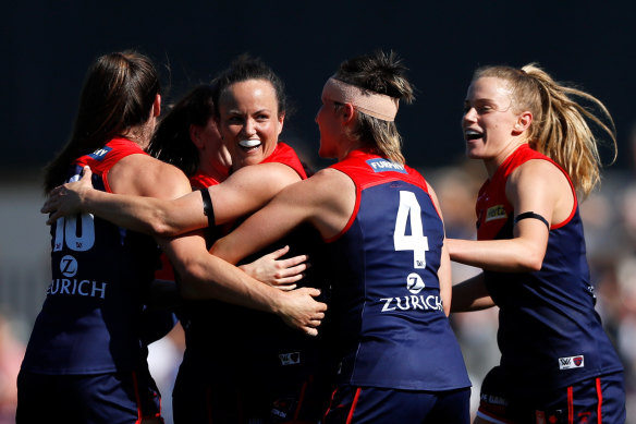 Daisy Pearce celebrates her winning goal in the preliminary final against North Melbourne.
