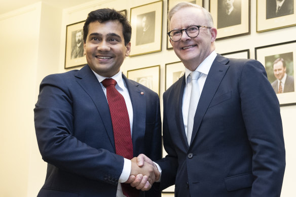 Incoming senator for WA Varun Ghosh with Prime Minister Anthony Albanese.