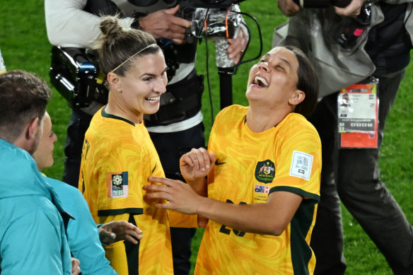 Steph Catley and Sam Kerr share a laugh.