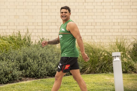 Latrell Mitchell is all smiles heading into South Sydney training on Tuesday.