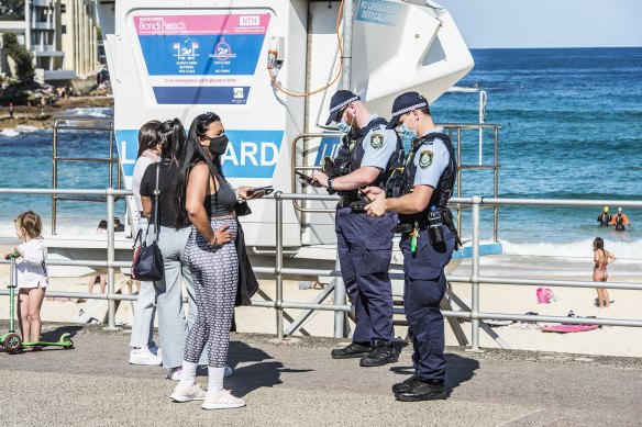 New South Wales Police patrol Bondi Beach in August 2021.