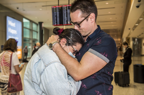 Conor Horgan and Emily Torney reunited at Sydney Airport. 