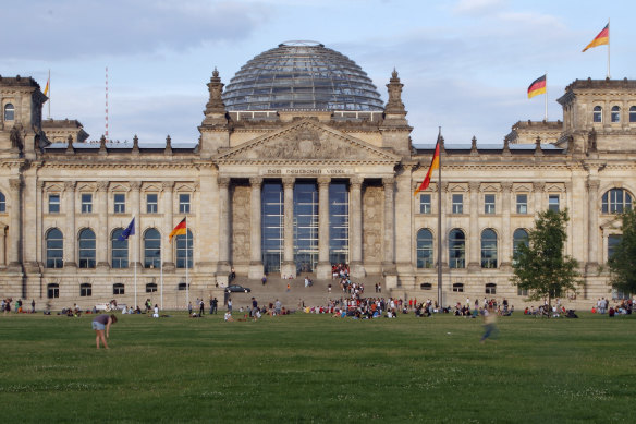 The German parliament building, or Reichstag, stands in Berlin, Germany.