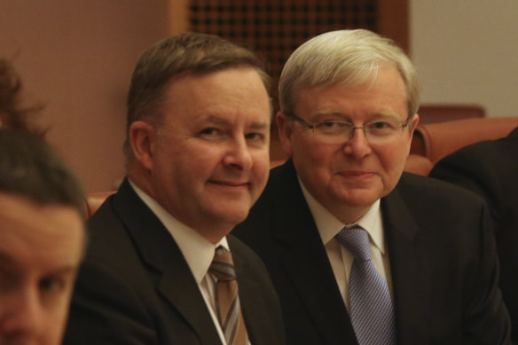 Kevin Rudd and Anthony Albanese during a ministry meeting in July 2013.