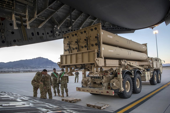 A THAAD launching station is ready to be loaded onto a military transport plane in Fort Bliss, Texas.