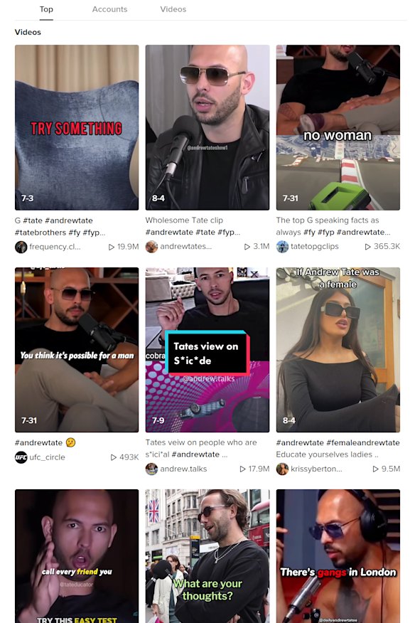 A screenshot of the search results for ‘Andrew Tate’ on TikTok.