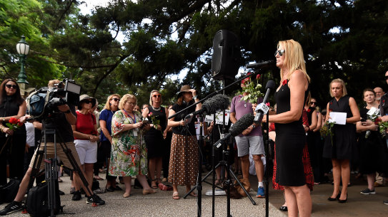 Natalie Hinton, the mother of Tara Brown who was killed in a domestic violence incident in 2015, speaks during a domestic violence protest in Brisbane on Friday.