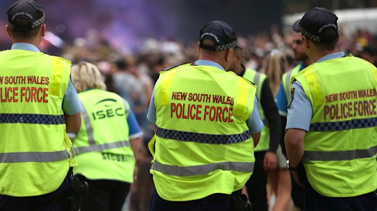 Police at the Field Day music festival in January 2020.