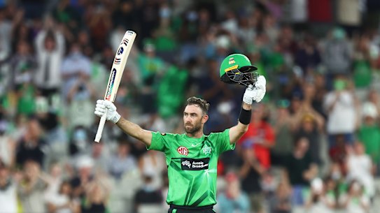 Glenn Maxwell raises his bat after passing 150 against the Hurricanes on Wednesday. 