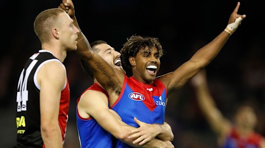 Crackling energy: Kysaiah Pickett celebrates a goal against the Saints.