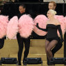 Lady Gaga performs during the athletes’ parade on the River Seine during the opening ceremony. 