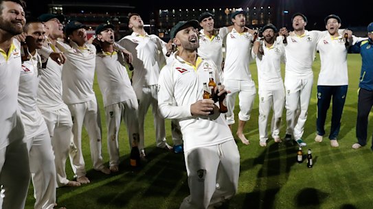 Nathan Lyon blasts a rendition of ‘Underneath the Southern Cross’ at Old Trafford during the 2019 Ashes. 