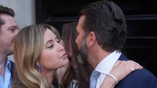 Holly Valance kisses Donald Trump Jr goodbye as he leaves a fundraiser for Donald Trump hosted by the former Neighbours star in London.