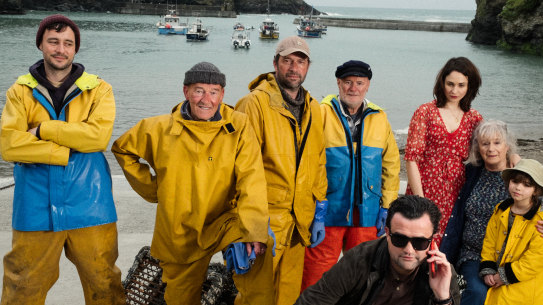 Daniel Mays (front) stars as Danny, the music label manager who 'discovers' a group of Cornwall see-shanty singers and turns them into pop stars in the based-on-fact comedy Fisherman's Friends. James Purefoy (cap) and Tuppence Middleton also star.