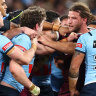 NSW’s Liam Martin and Queensland’s Pat Carrigan were sin-binned for their role in a melee.