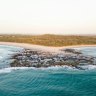 The incident took place near Flat Rock, Ballina. Angels Beach is to the left of the rock, and Sharpes Beach, right.