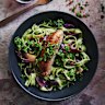 Sticky braised pork sausages with herb pappardelle.