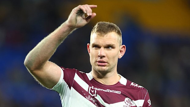 GOLD COAST, AUSTRALIA - JUNE 13: Tom Trbojevic of the Sea Eagles looks on during the round 15 NRL match between Gold Coast Titans and Manly Sea Eagles at Cbus Super Stadium, on June 13, 2025, in Gold Coast, Australia. (Photo by Chris Hyde/Getty Images)