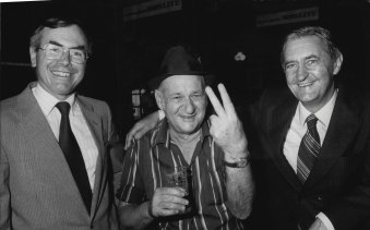 Liberal candidate for Wentworth, Peter Coleman (centre), was joined by the federal Treasurer John Howard (left) and Neville Landow at a Liberal party reception at the Clock Hotel in Surry Hills in 1981.