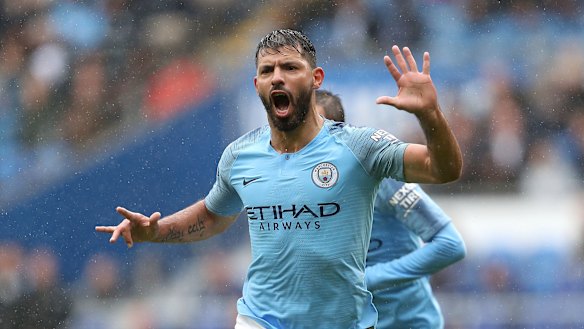 On target: Sergio Aguero got the scoring under way for City.