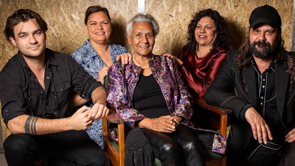 Screen pioneer Freda Glynn flanked by (from left) grandson Dylan River, granddaughter Tanith Glynn-Maloney, daughter Erica Glynn and son Warwick Thornton at the Adelaide Film Festival where she was honoured three times with a new book, a new documentary and the Don Dunstan Award.