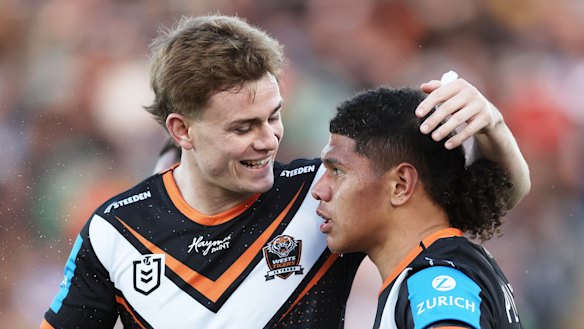 Lachlan Galvin (left) knows a wooden spoon is not a true reflection of the progress made at the Wests Tigers