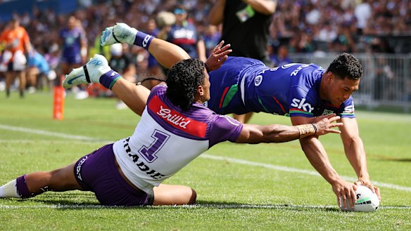 Roger Tuivasa-Sheck scores for the Warriors in a recent trial.