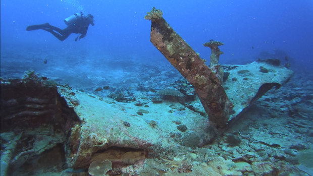 A scuba diver swims near the left wing wreckage of an F4U-4 Corsair fighter aircraft off Sonai, Iriomote Jima, in Japan.