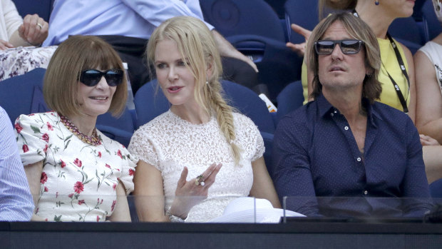 US Vogue editor Anna Wintour (left), actor Nicole Kidman and musician Keith Urban at the Australian Open women's semi-final on Thursday.