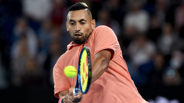 Kyrgios hanging on in fourth set after saving break points.