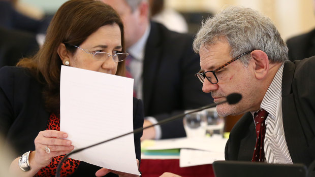 Premier Annastacia Palaszczuk with her chief-of-staff David Barbagallo at estimates this week.