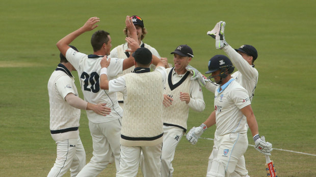 Victoria's Chris Tremain (second left) celebrates taking the wicket of NSW's Steve O'Keefe on day four. 