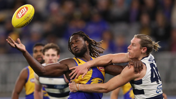 Top tap: Nic Naitanui gets the better of Geelong's Mark Blicavs in a ruck contest.